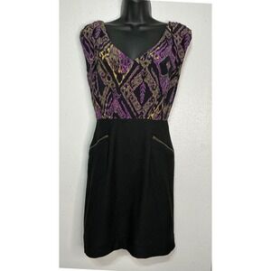 Shoshanna Silk Blend Colorblock Dress Size 2 Black Purple Geometric Print Goth